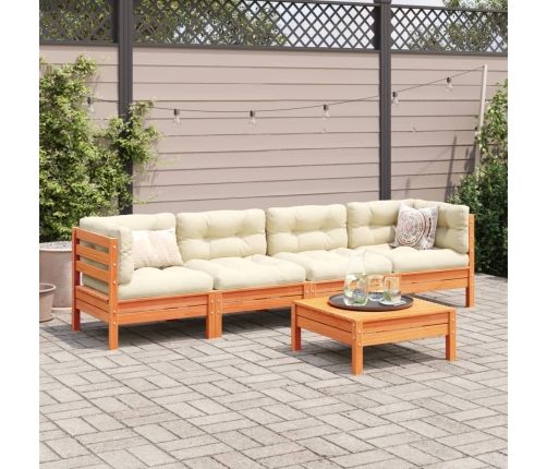Set de sofás jardín 5 pzas con cojines madera pino marrón cera