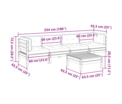 Set de sofás jardín 5 pzas con cojines madera pino marrón cera