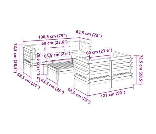 Set de sofás jardín 6 pzas con cojines madera pino marrón cera