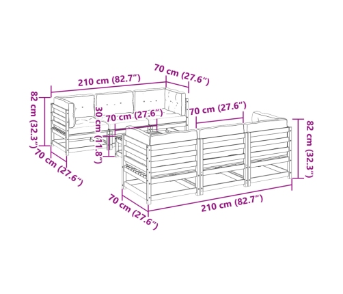 Set de sofás jardín 7 pzas con cojines madera maciza pino