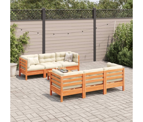 Set de sofás jardín 7 pzas con cojines madera pino marrón cera