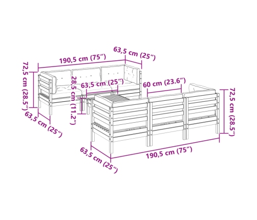 Set de sofás jardín 7 pzas con cojines madera pino marrón cera
