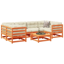 Set de sofás jardín 7 pzas con cojines madera pino marrón cera