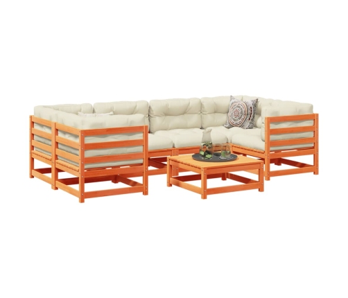 Set de sofás jardín 7 pzas con cojines madera pino marrón cera