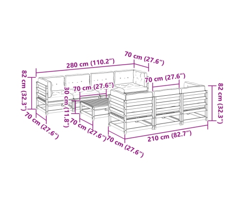 Set de sofás jardín 8 pzas con cojines madera de abeto Douglas