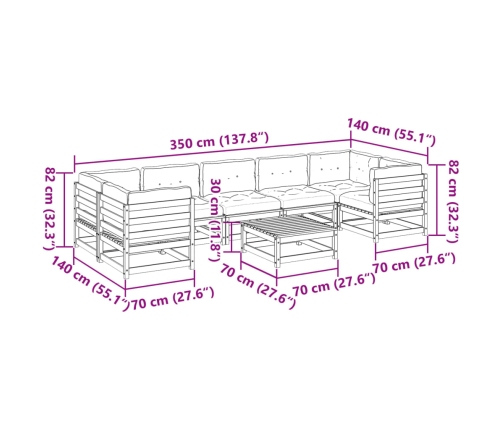 Set de sofás jardín 8 pzas con cojines madera pino marrón cera