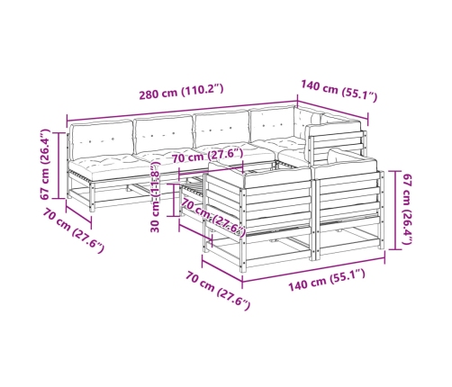 Set de sofás jardín 8 pzas con cojines madera pino marrón cera