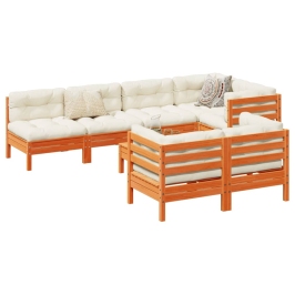 Set de sofás jardín 8 pzas con cojines madera pino marrón cera