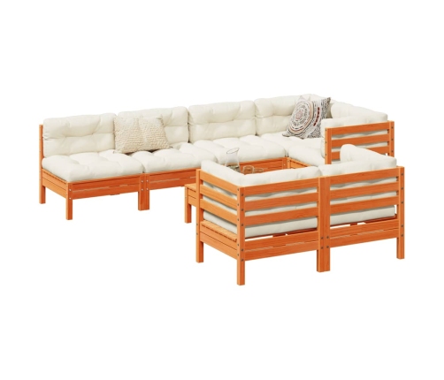 Set de sofás jardín 8 pzas con cojines madera pino marrón cera