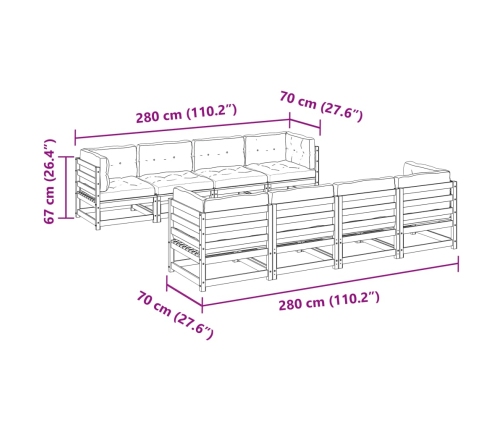 Set de sofás jardín 9 pzas con cojines madera de abeto Douglas