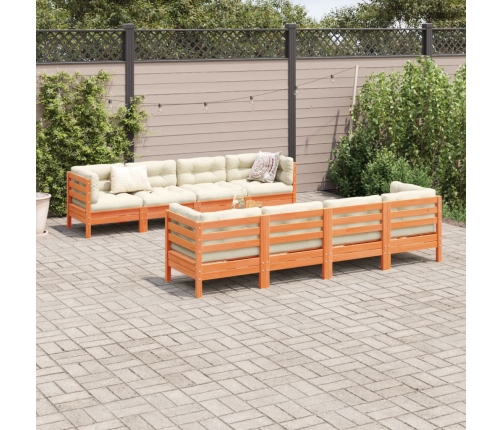 Set de sofás jardín 9 pzas con cojines madera pino marrón cera