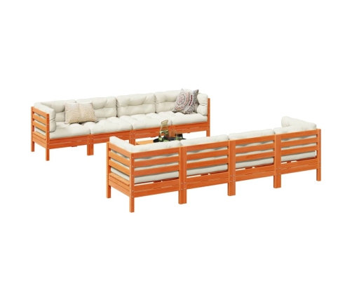 Set de sofás jardín 9 pzas con cojines madera pino marrón cera