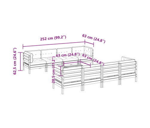 Set de sofás jardín 9 pzas con cojines madera pino impregnada