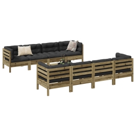 Set de sofás jardín 9 pzas con cojines madera pino impregnada