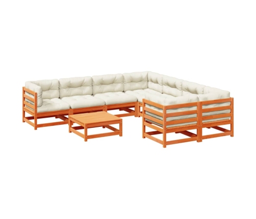 Set de sofás jardín 9 pzas con cojines madera pino marrón cera