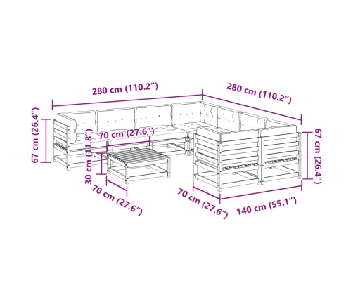 Set de sofás jardín 9 pzas con cojines madera pino marrón cera
