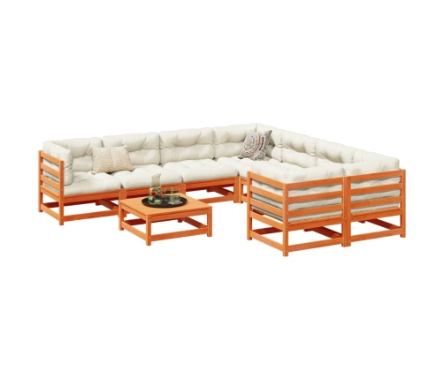 Set de sofás jardín 9 pzas con cojines madera pino marrón cera