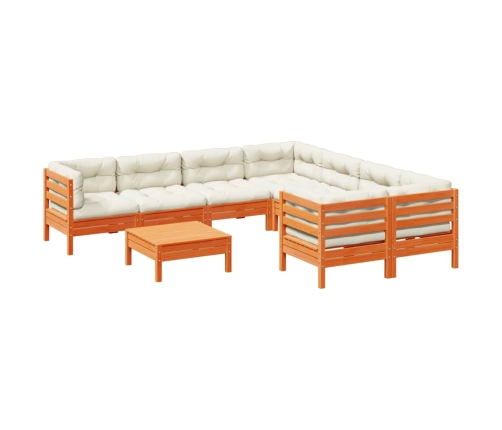 Set de sofás jardín 9 pzas con cojines madera pino marrón cera