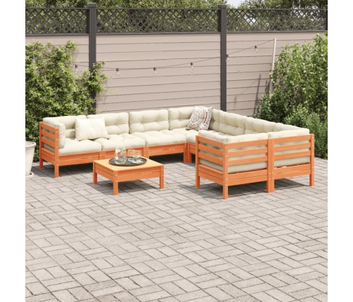 Set de sofás jardín 9 pzas con cojines madera pino marrón cera