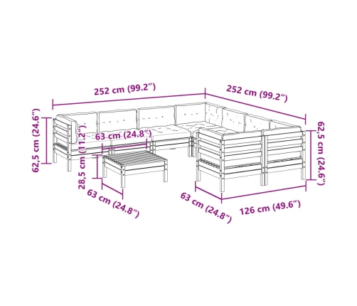 Set de sofás jardín 9 pzas con cojines madera de abeto Douglas
