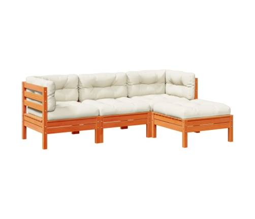 Set de sofás jardín 4 pzas con cojines madera pino marrón cera