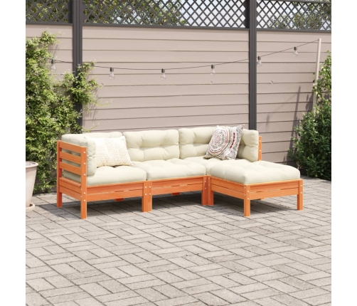 Set de sofás jardín 4 pzas con cojines madera pino marrón cera