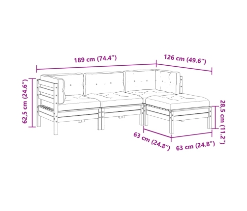 Set de sofás jardín 4 pzas con cojines madera pino marrón cera
