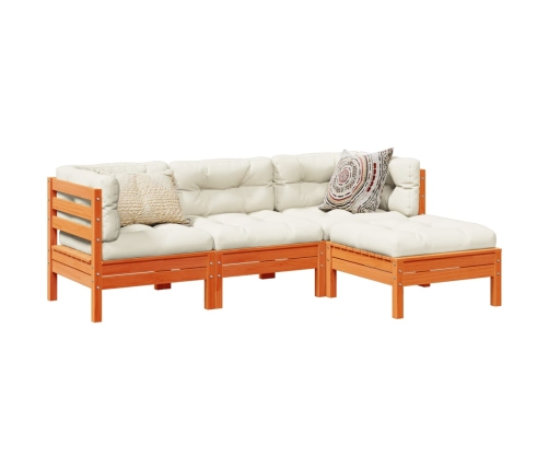 Set de sofás jardín 4 pzas con cojines madera pino marrón cera