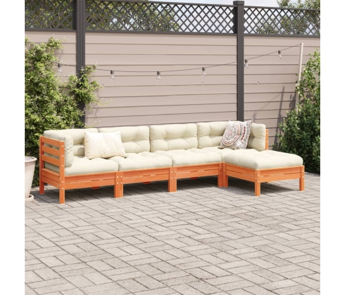Set de sofás jardín 5 pzas con cojines madera pino marrón cera