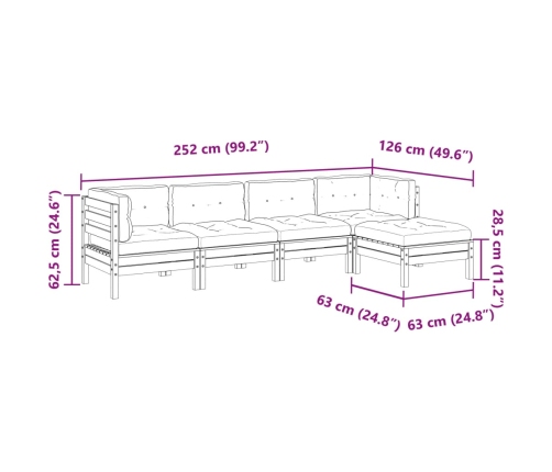 Set de sofás jardín 5 pzas con cojines madera pino marrón cera