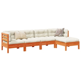Set de sofás jardín 5 pzas con cojines madera pino marrón cera