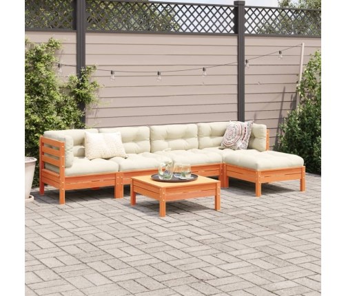 Set de sofás jardín 6 pzas con cojines madera pino marrón cera