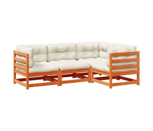 Set de sofás jardín 4 pzas con cojines madera pino marrón cera