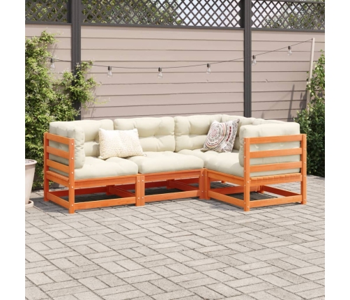 Set de sofás jardín 4 pzas con cojines madera pino marrón cera