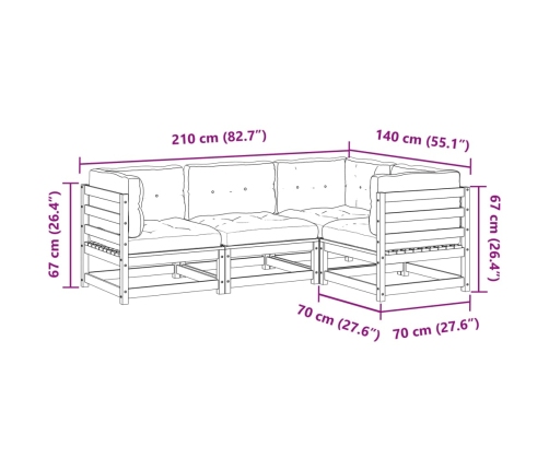 Set de sofás jardín 4 pzas con cojines madera pino marrón cera