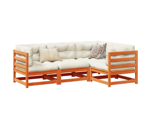 Set de sofás jardín 4 pzas con cojines madera pino marrón cera