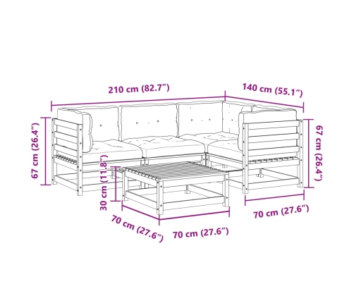 Set de sofás jardín 5 pzas con cojines madera pino marrón cera