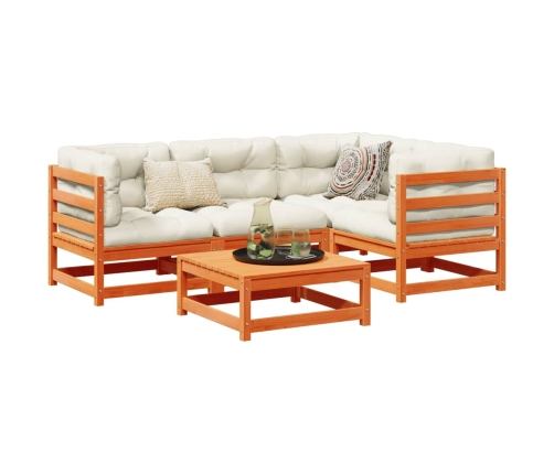 Set de sofás jardín 5 pzas con cojines madera pino marrón cera