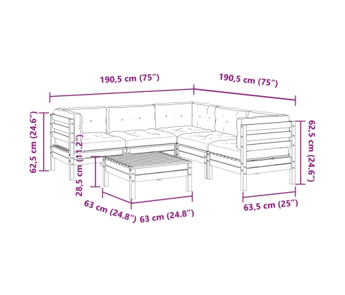Set de sofás jardín 6 pzas con cojines madera abeto Douglas