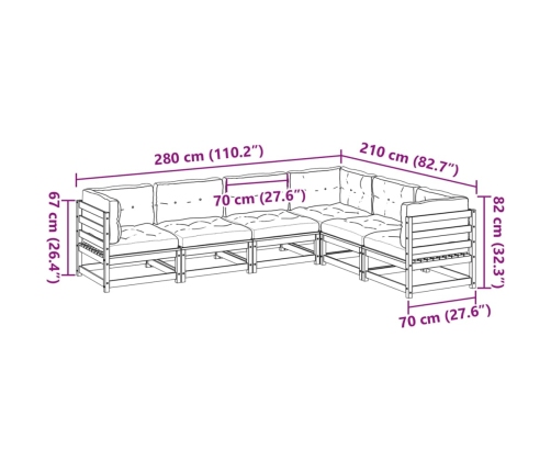 Set de sofás jardín 6 pzas con cojines madera pino marrón cera