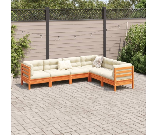 Set de sofás jardín 6 pzas con cojines madera pino marrón cera