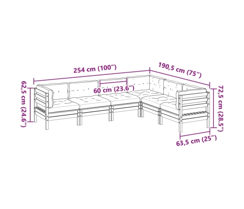 Set de sofás jardín 6 pzas con cojines madera pino marrón cera