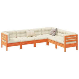 Set de sofás jardín 6 pzas con cojines madera pino marrón cera