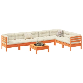 Set de sofás jardín 8 pzas con cojines madera pino marrón cera