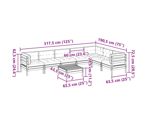 Set de sofás jardín 8 pzas con cojines madera de abeto Douglas