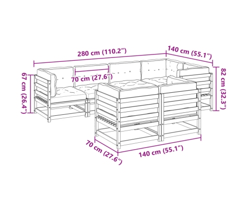 Set de sofás jardín 7 pzas con cojines madera maciza pino