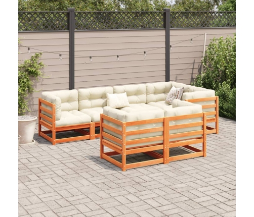 Set de sofás jardín 7 pzas con cojines madera pino marrón cera