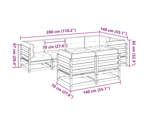 Set de sofás jardín 7 pzas con cojines madera abeto Douglas
