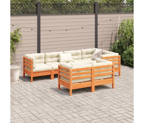 Set de sofás jardín 7 pzas con cojines madera pino marrón cera