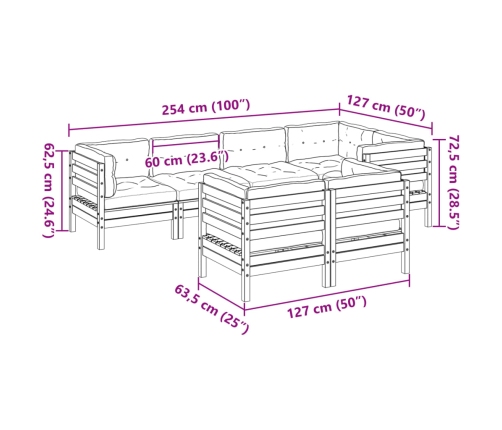 Set de sofás jardín 7 pzas con cojines madera pino marrón cera